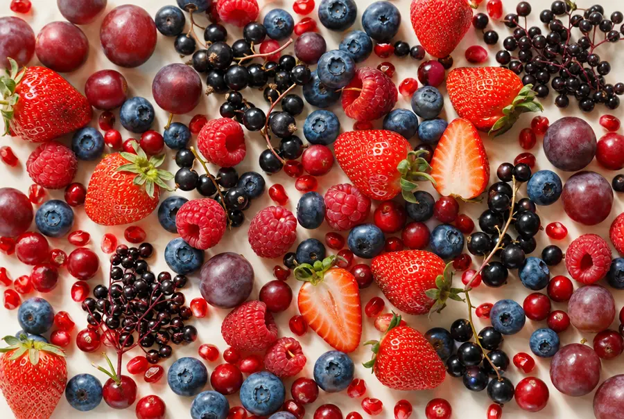 Fresh mixed berries - strawberries, blueberries, raspberries, blackcurrants, elderberries, red grapes, cranberries and pomegranate seeds