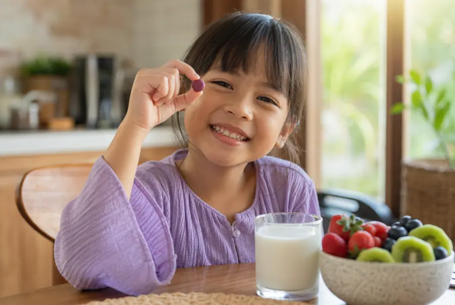 A child smiling at the breakfast table, holding up one small berry chewable tablet, with a glass of milk and a bowl of fruit