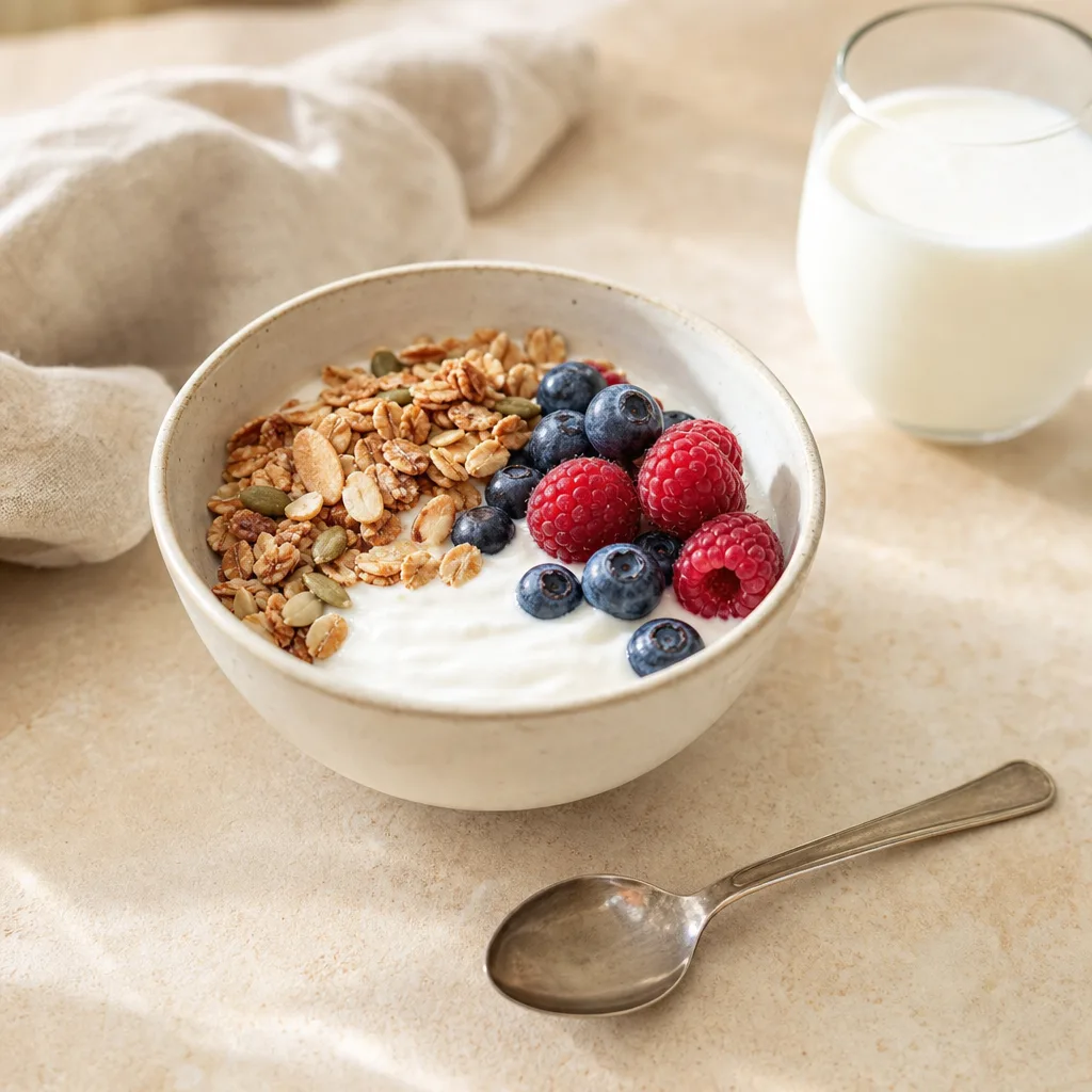 Semangkuk yogurt dengan granola dan beri di sebelah segelas kefir