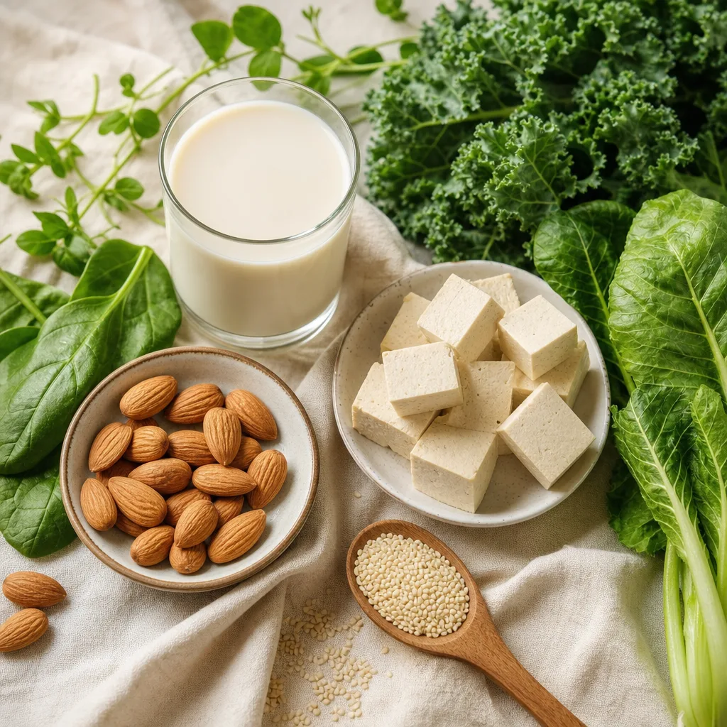 Susu soya, tauhu, badam, bijan dan sayur berdaun hijau di atas kain linen