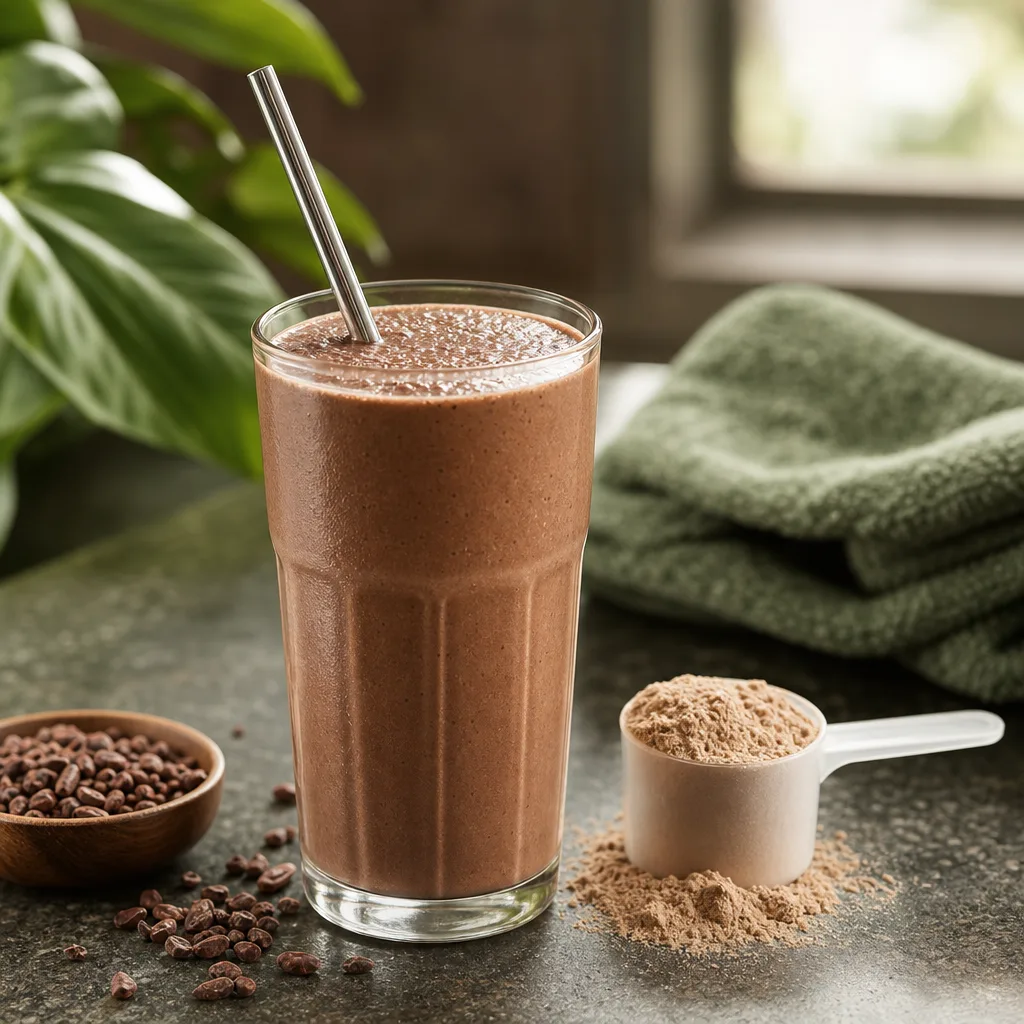 Smoothie protein tumbuhan coklat dengan senduk serbuk protein