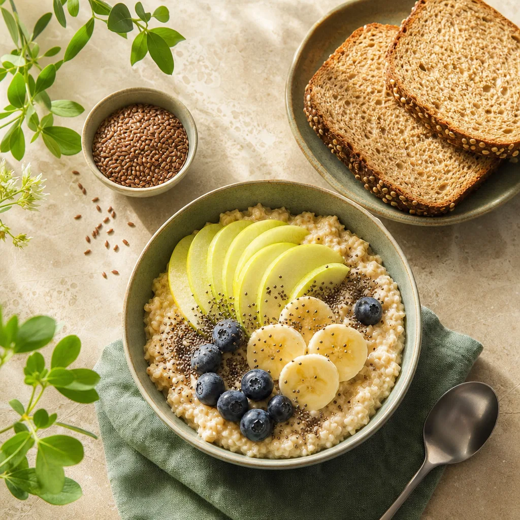 Sarapan tinggi serat dengan oat, biji chia, buah dan roti bijirin penuh