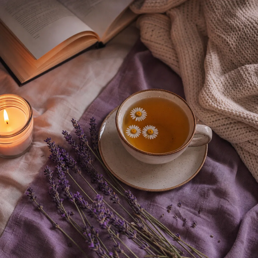 Teh kamomil, lavender, lilin dan buku terbuka di atas linen lembut