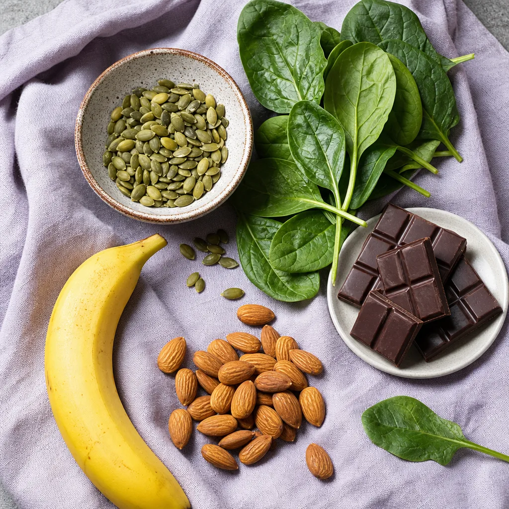 Biji labu, bayam, coklat gelap, pisang dan badam di atas kain lavender