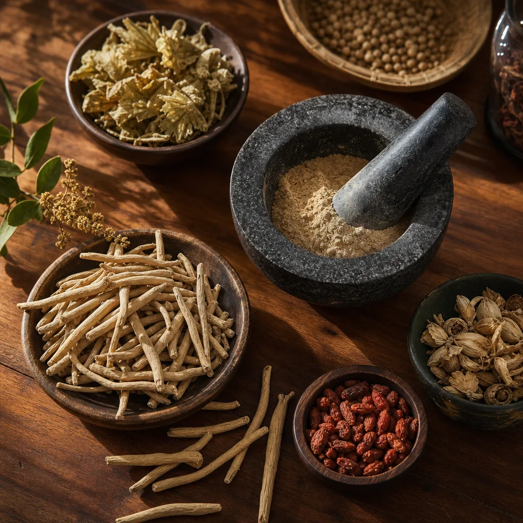 Akar ashwagandha kering dan tumbuhan herba dengan lesung batu
