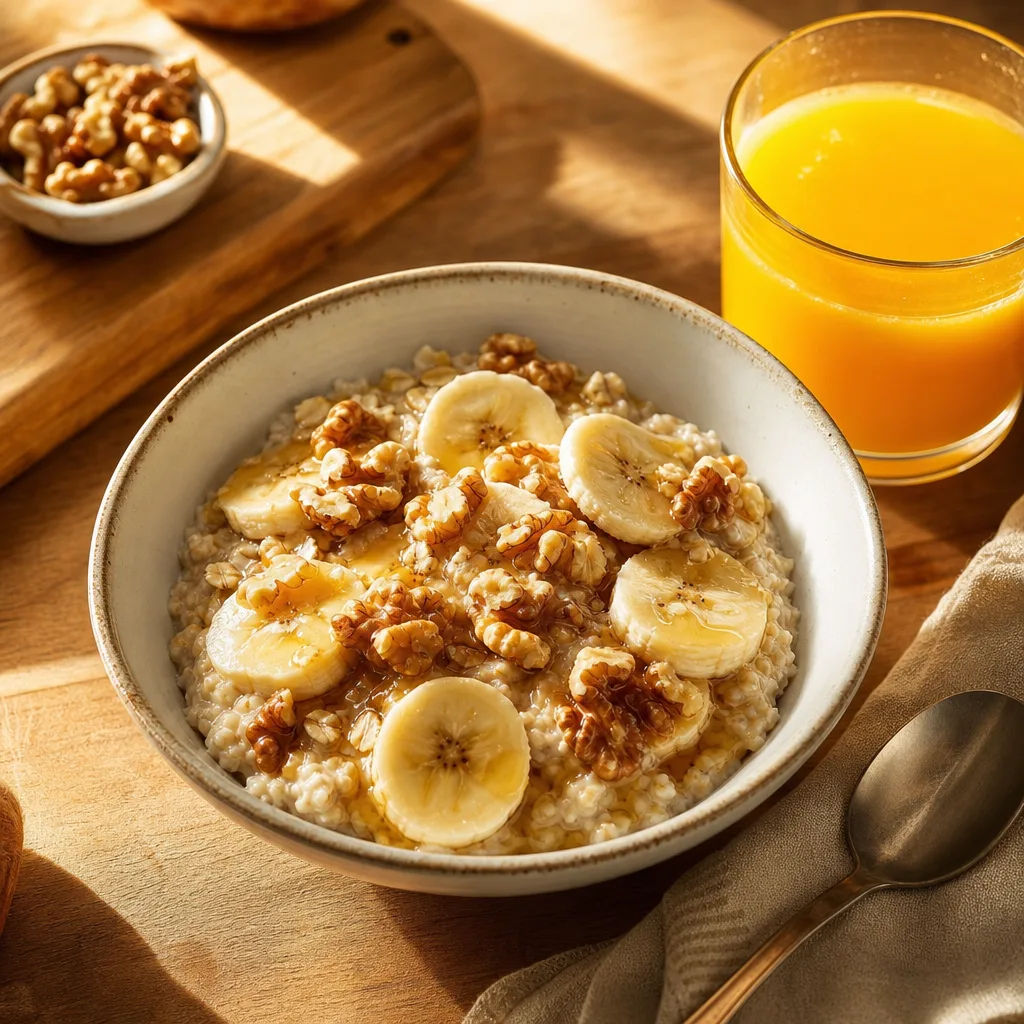 Mangkuk sarapan bertenaga dengan oat, pisang, walnut dan jus oren
