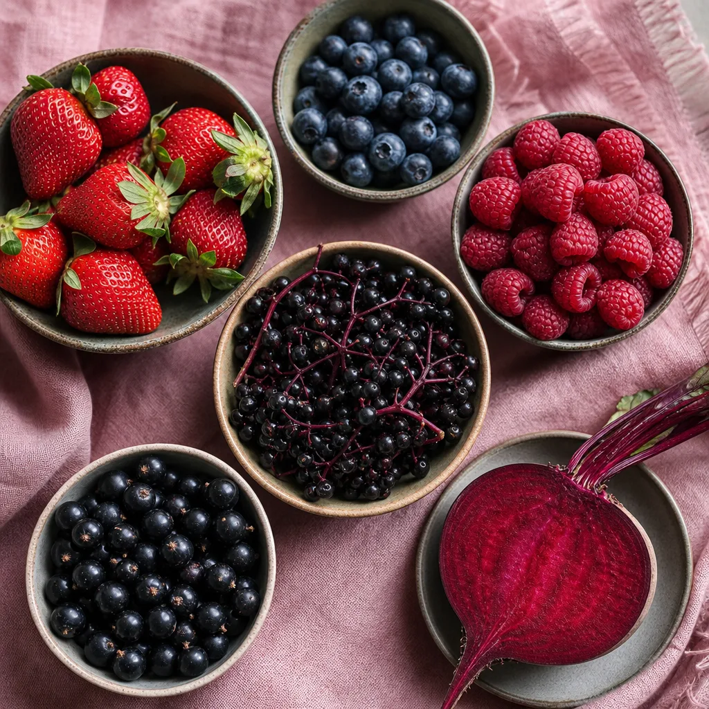 Strawberi, blueberi, rasberi, elderberi, blackcurrant dan bit merah dalam mangkuk kecil