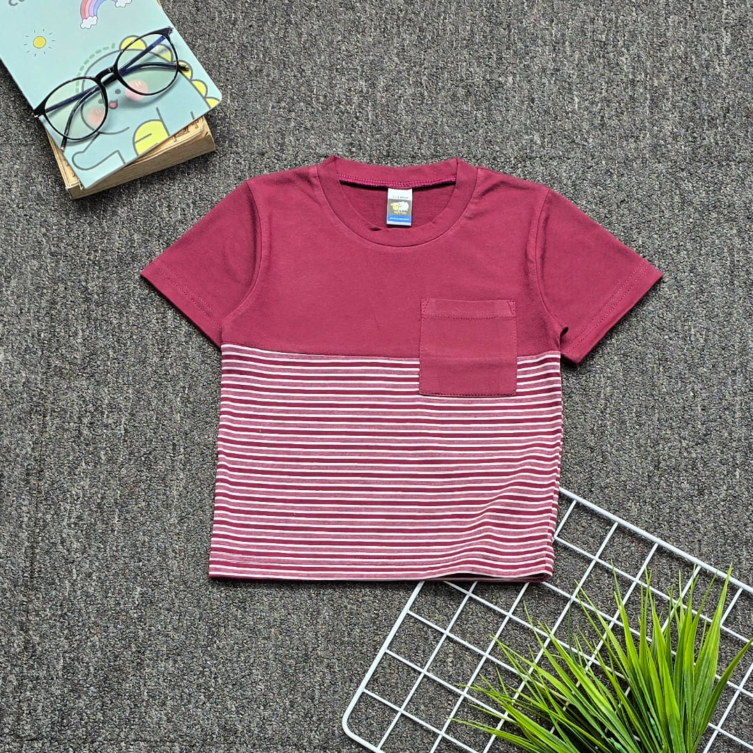 POCKET STRIPE Dual Colour Baby T-shirt - Burgundy (Age 5-6)