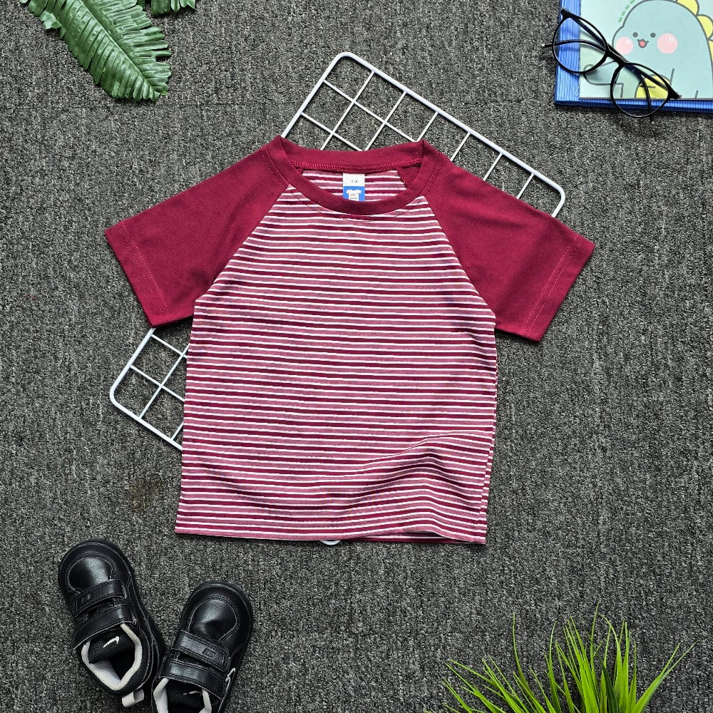 Kids Raglan Short Sleeve Stripe/Burgundy - XL (Age 7-8)