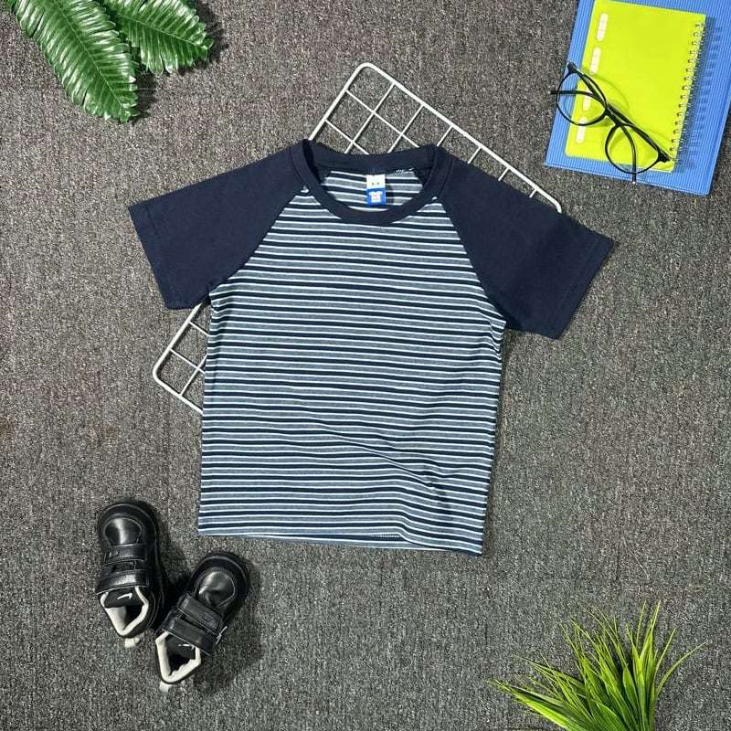 Kids Raglan Short Sleeve Stripe/Navy Blue - M (Age 3-4)