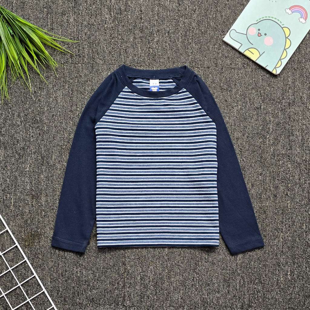 Kids Long Sleeve Raglan Stripe/Navy Blue - M (Age 3-4)