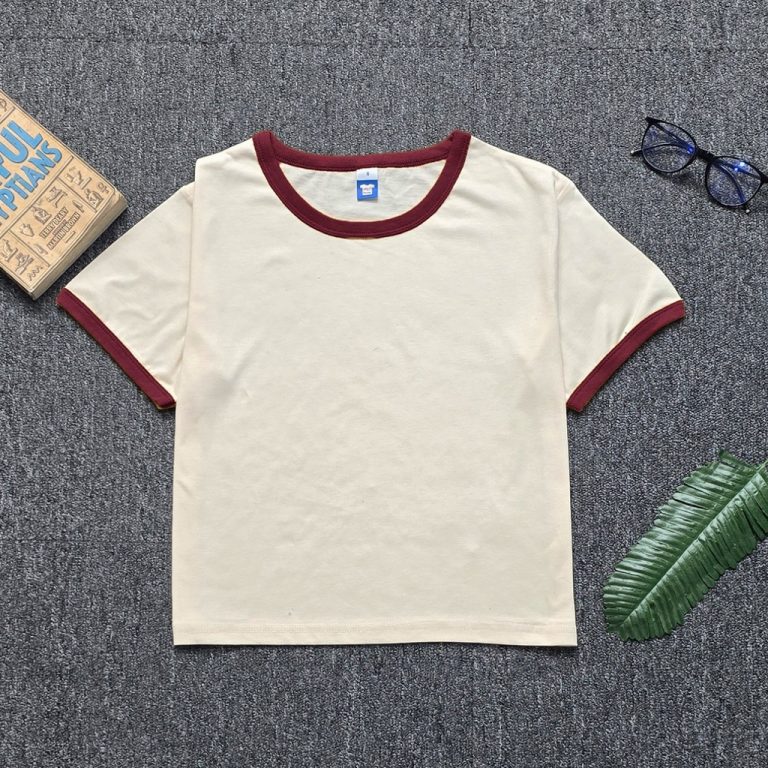 Women CONTRAST RIBBED Crop Top - Beige/Burgundy (XL)