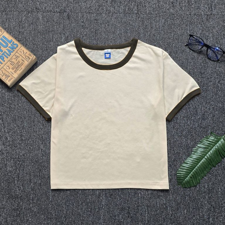 Women CONTRAST RIBBED Crop Top - Beige/Olive Green (M)