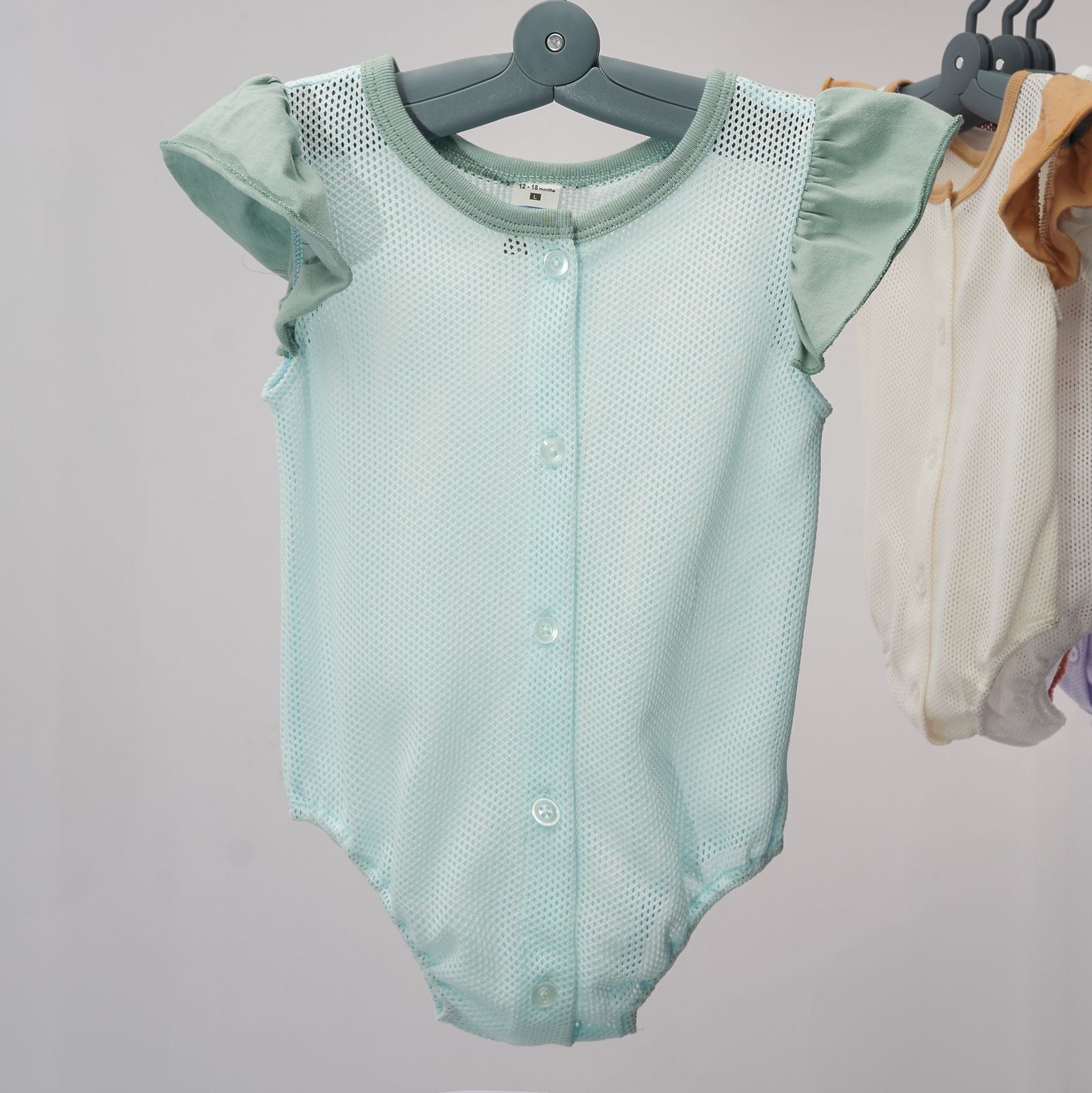 Girl Eyelet Rompers With Ruffled Sleeve Haze Blue - M