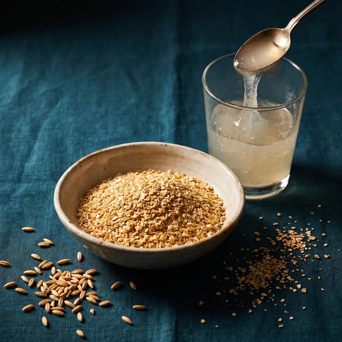 Bowl of oat bran beside a glass of water thickened into a soft gel by soluble fibre