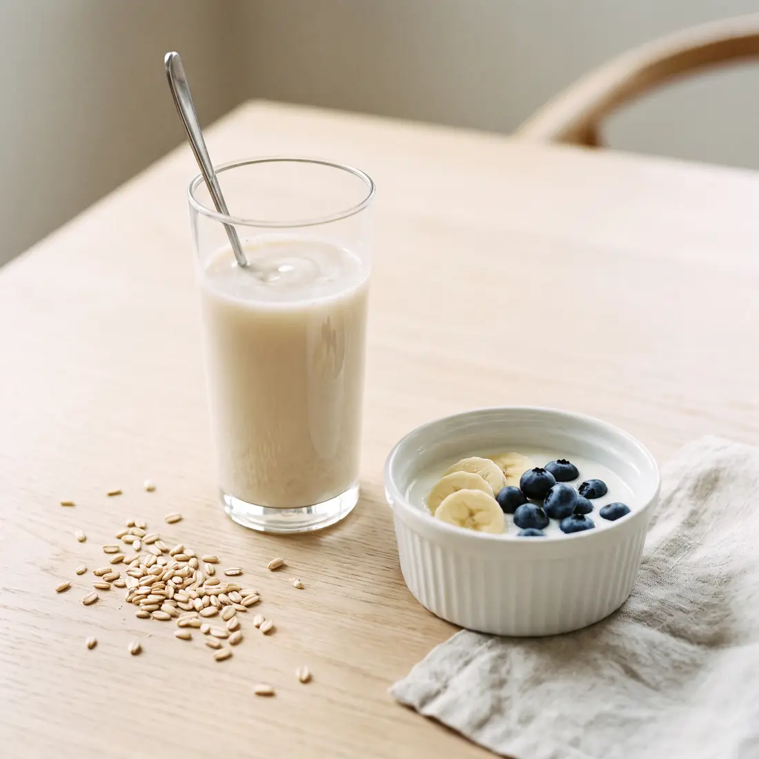 Glass of oat drink with a spoon beside a bowl of yoghurt with banana and blueberries