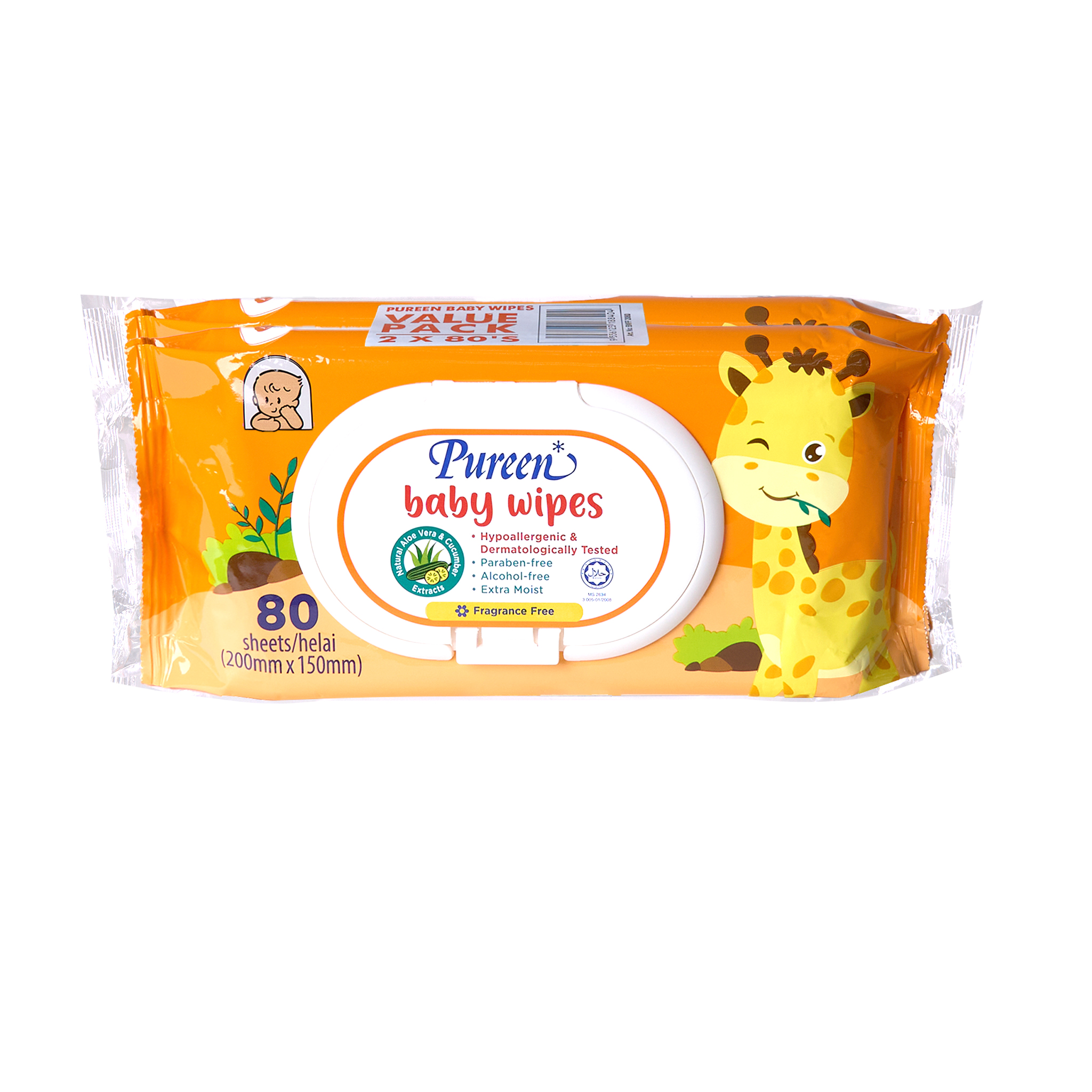 Pureen Baby Wipes 80's (Twin Pack) - Fragrance Free - BWFF2080