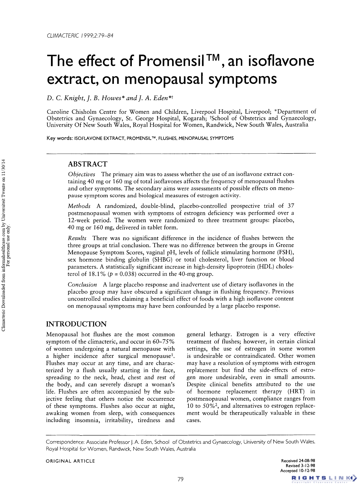 The effect of Promensil™, an isoflavone extract, on menopausal symptoms