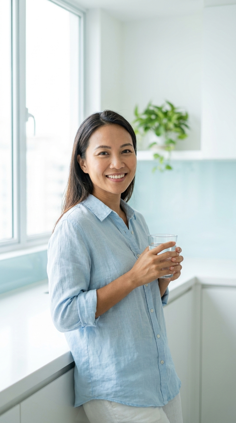 Woman holding a glass of water in a bright kitchen