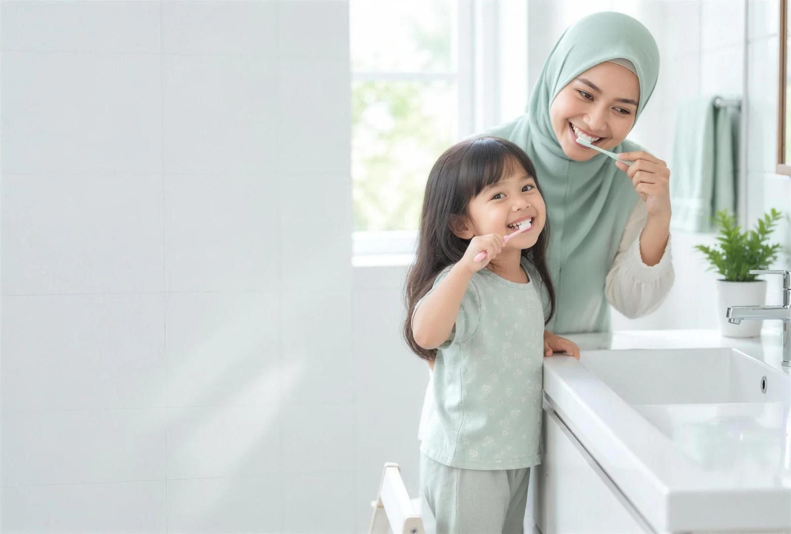 Mother and young daughter brushing their teeth together at the bathroom sink