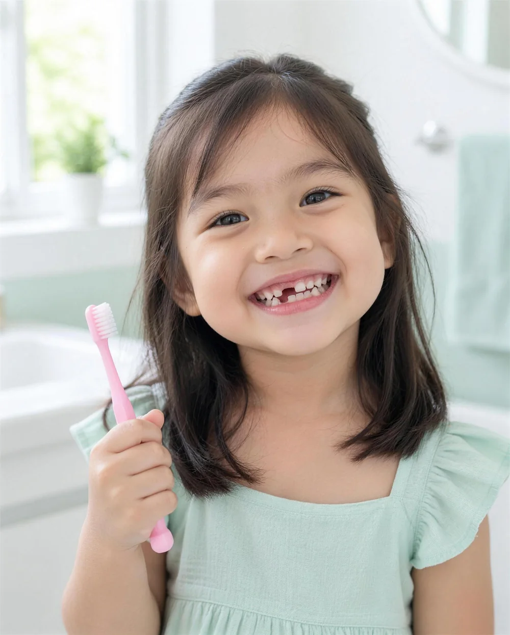 Smiling young girl holding a pink kids' toothbrush