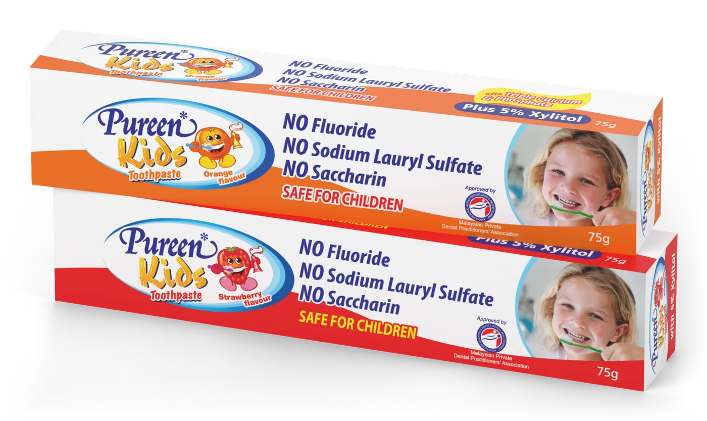Pureen Kids Toothpaste 75 g boxes in Strawberry and Orange flavours