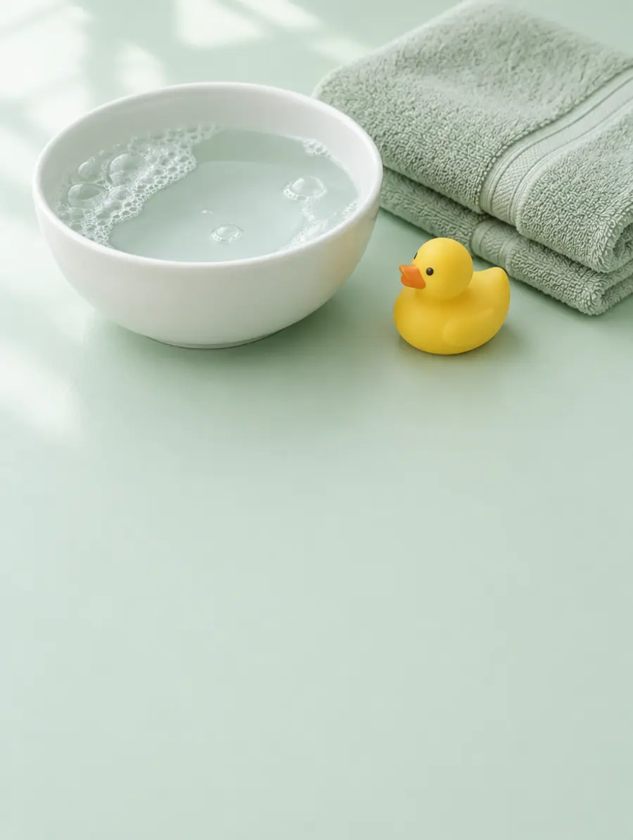 A bowl of water, a folded towel and a yellow rubber duck