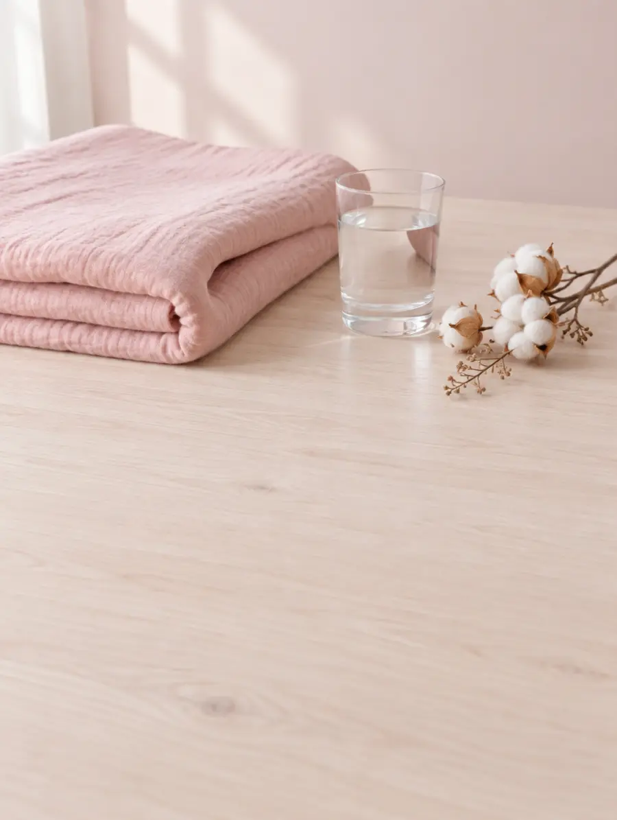 A folded pink blanket, a glass of water and dried cotton flowers