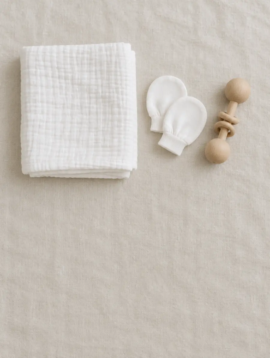 Folded muslin cloth, baby mittens and a wooden rattle on linen