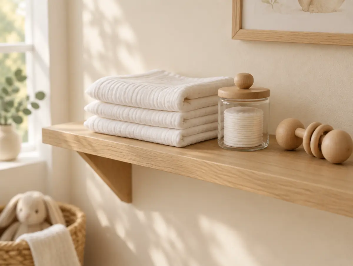 A wooden nursery shelf with folded cloths and a jar of cotton pads in soft morning light